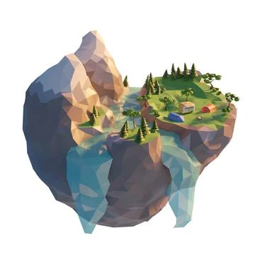 3d low poly campsite, a tent, bonfire near the river. Camping van. Stock Illustration