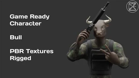3D Low-Poly Character Bull with Rifle 3D Model