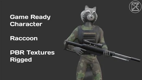 3D Low-Poly Character Raccoon with Sniper Rifle 3D Model