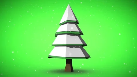 3D low poly christmas tree animation with falling snow on a vibrant green back Stock Footage 347944868