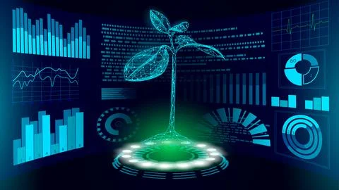 3D low poly green plant HUD UI display. Future polygonal triangle point line Stock Illustration