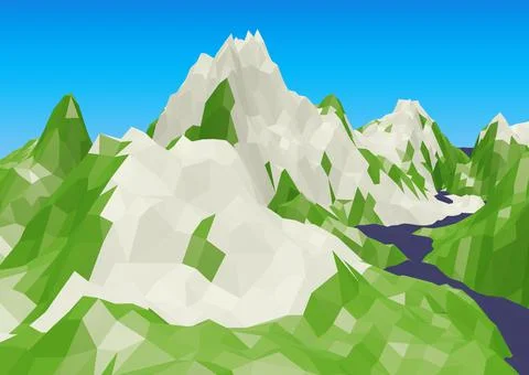 3D Low poly green snowy mountains Ilustração Stock
