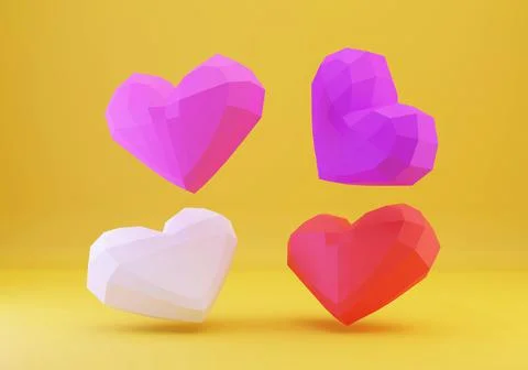 3d low poly hearts on yellow backgtound, paper love, papercrafts Stock Illustration