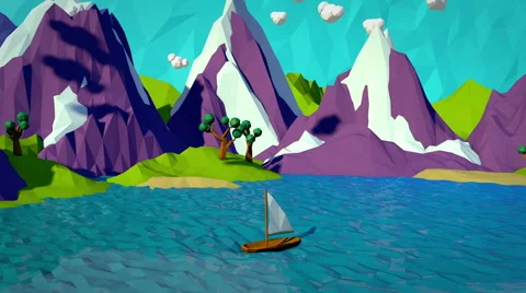 3d low poly landscape with sea and boat Stock Footage 68762718