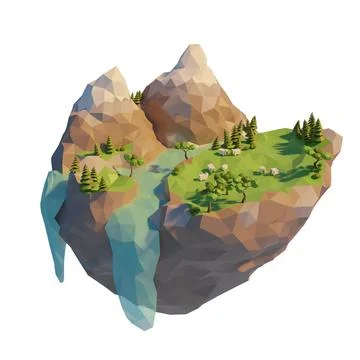 3d low poly landscape with sheep in Mountains. Mountain with river and trees. Stock Illustration
