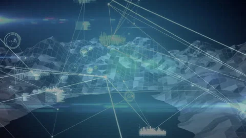 3D low-poly mesh terrain shifting under glowing network lines, bar charts, Stock Footage 308025142