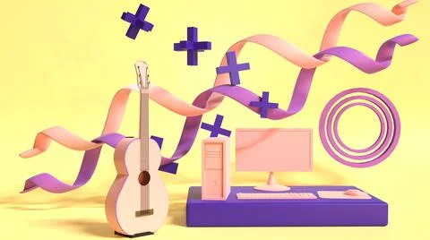 3D Low Poly personal computer Render, with geometric accessories and guitar Illustrazione stock