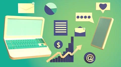 3D Low Poly Social Network Render, Online Business, laptop, smartphone Stock Illustration