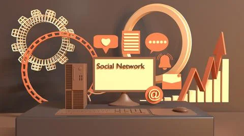 3D Low Poly Social Network Render, personal computer with internet connection  Illustrazione stock