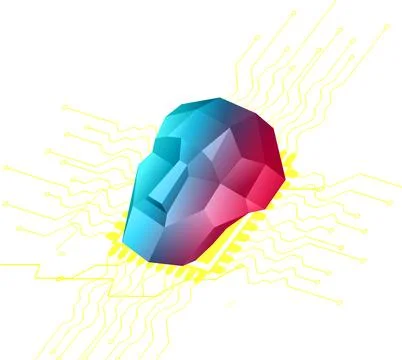 3D Lowpoly humanoid robotic face on sci fi background for Artifical Intelli.. Stock Illustration