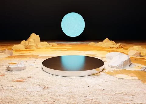 3d of lunar Moon light product presentation stage on sandy surface with rocks an Ilustração Stock