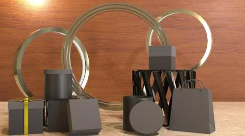 3d luxurious packaging boxes mock up, abstract accessories, wooden background Stock Illustration