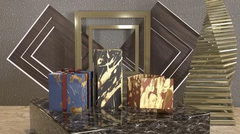 3d luxurious packaging boxes mock up, wooden square background Stock Illustration