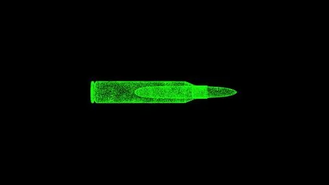 3D machine gun bullet on black bg. Object dissolved green flickering partic.. Stock Illustration