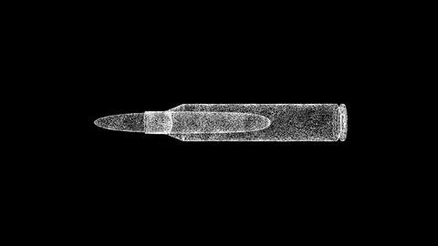 3D machine gun bullet on black bg. Object dissolved white flickering partic.. Stockillustratie
