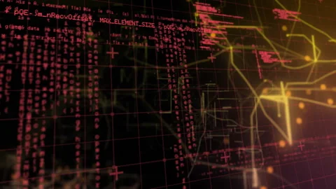On 3D magenta grid forming interface streaming red code and yellow circuitry Stock Footage 312083000