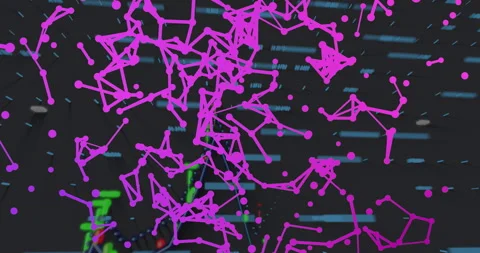 3D magenta network graph flowing across backdrop with blurred cyan code streaks Stock Footage 307438123