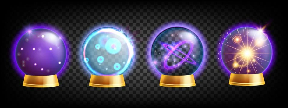 3D magic ball set, vector future teller kit, crystal Halloween orb shine Stock Illustration