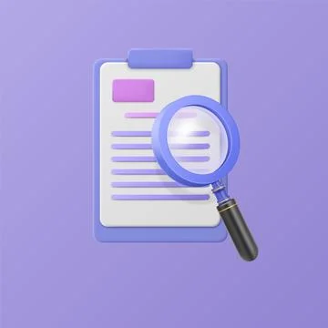 3D magnifying glass and document. Research list. Business data check. Text Stock Illustration