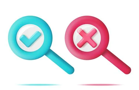 3D Magnifying Glass and Tick and Cross Sign Stock Illustration