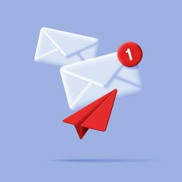3D Mail Envelope and Paper Plane and Notification Message red circle. 3d re.. Stock Illustration