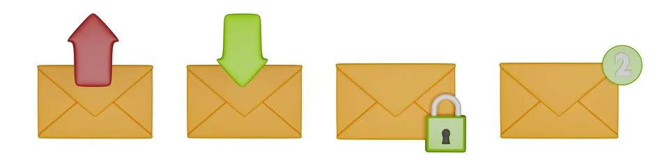 3D mail envelope icon set, render email newsletter kit, closed paper office Illustrazione stock