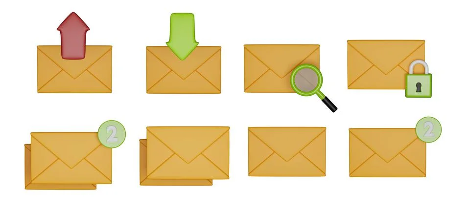 3D mail envelope icon set, email newsletter render kit, closed paper office Stock Illustration