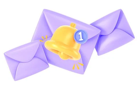 3D Mail envelopes with bell. Concept of email message, newsletter notification Illustrazione stock