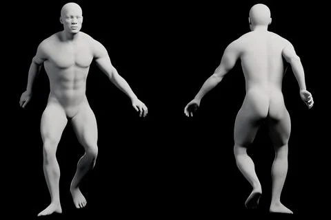 3D male figure model standing front-back view black studio Stock Illustration