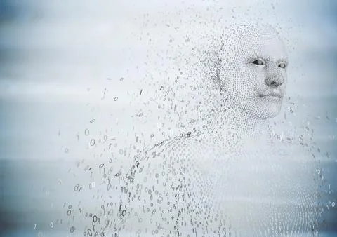 3D male shaped binary code against blurry grey wood panel Stock Illustration