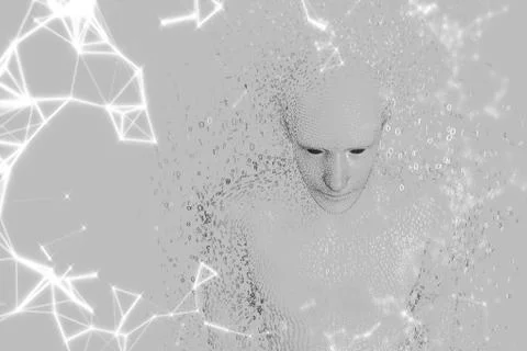 3D male shaped binary code against grey background and white network 스톡 일러스트