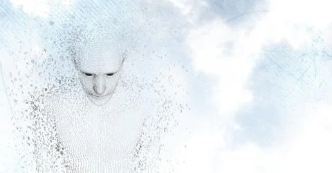 3D male shaped binary code against sky and clouds Stock Illustration