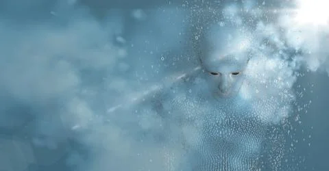 3D male shaped binary code AI with clouds and blue background with flare Stock Illustration