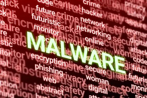 3D malware word on technology related words. Stock Illustration