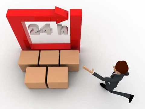 3d man with 24 hours round square arrow and delivery boxes concept 스톡 일러스트