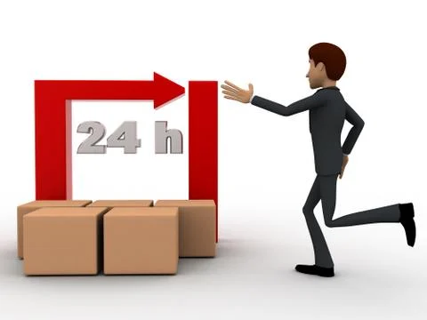 3d man with 24 hours round square arrow and delivery boxes concept 스톡 일러스트
