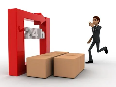 3d man with 24 hours round square arrow and delivery boxes concept Stock Illustration