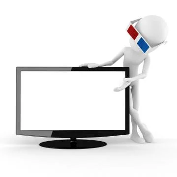 3d man with 3d glasses presenting a new tv, isoleted on white Stock Illustration
