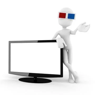 3d man with 3d glasses presenting a new tv, isoleted on white Stock Illustration