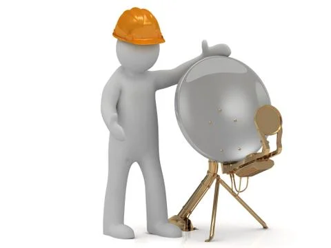 3d man adjuster in an orange helmet adjusts the satellite dish isolated on a  Stock Illustration