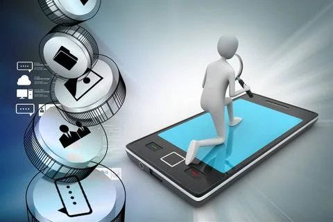 3d man analysing the tablet through magnifier 3d man analysing the tablet ... Stock Photos