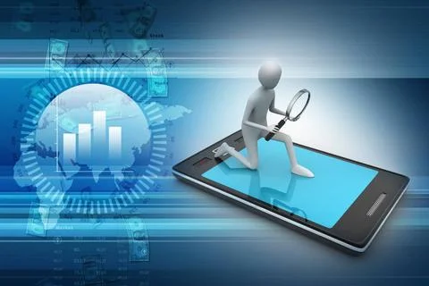 3d man analysing the tablet through magnifier 3d man analysing the tablet ... Stock Photos