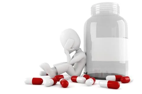 3d man and lots of pills, isolated on white Stock Illustration