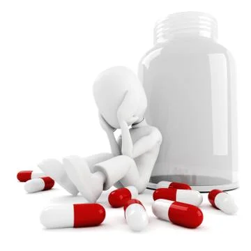 3d man and lots of pills, isolated on white Stock Illustration