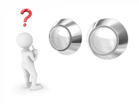 3d man and two blank white buttons. Choice concept. Stock Illustration