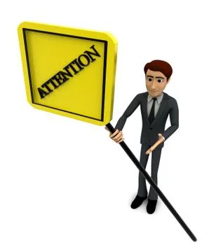 3d man with attention text sign board concept Stock Illustration