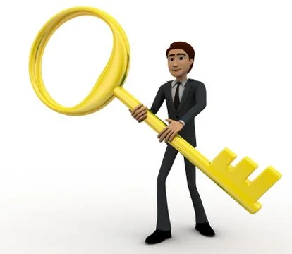 3d man with big and old golden key concept Stock Illustration