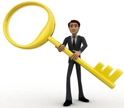 3d man with big and old golden key concept Illustrazione stock