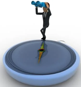 3d man with big compass and looking through binocular concept Stock Illustration