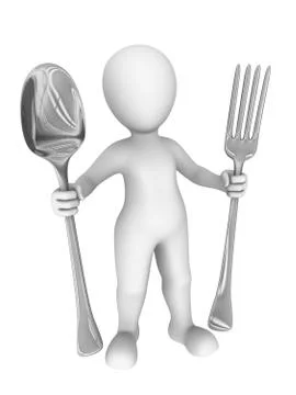 3d man with big fork and spoon. 3d rendered illustration with small people. Stock Illustration
